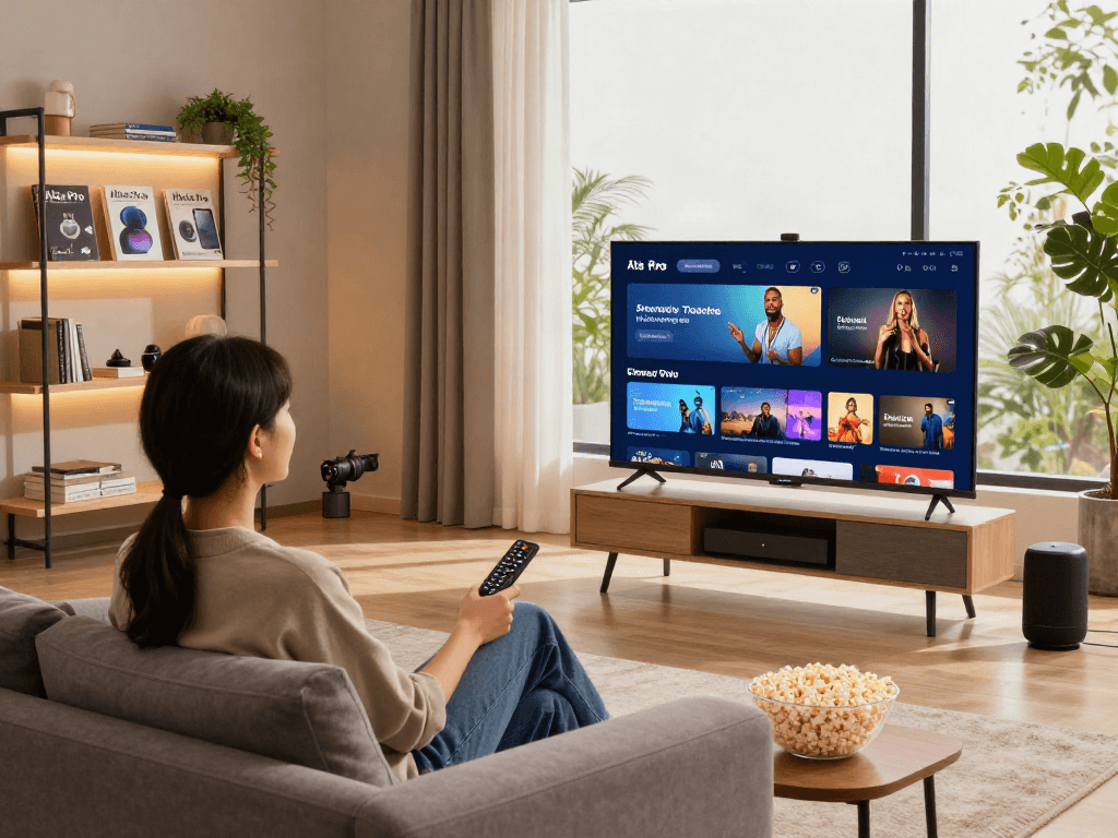 Expérience de visionnage avec l'Atlas pro ontv dans un espace de vie moderne, ambiance chaleureuse et confortable.