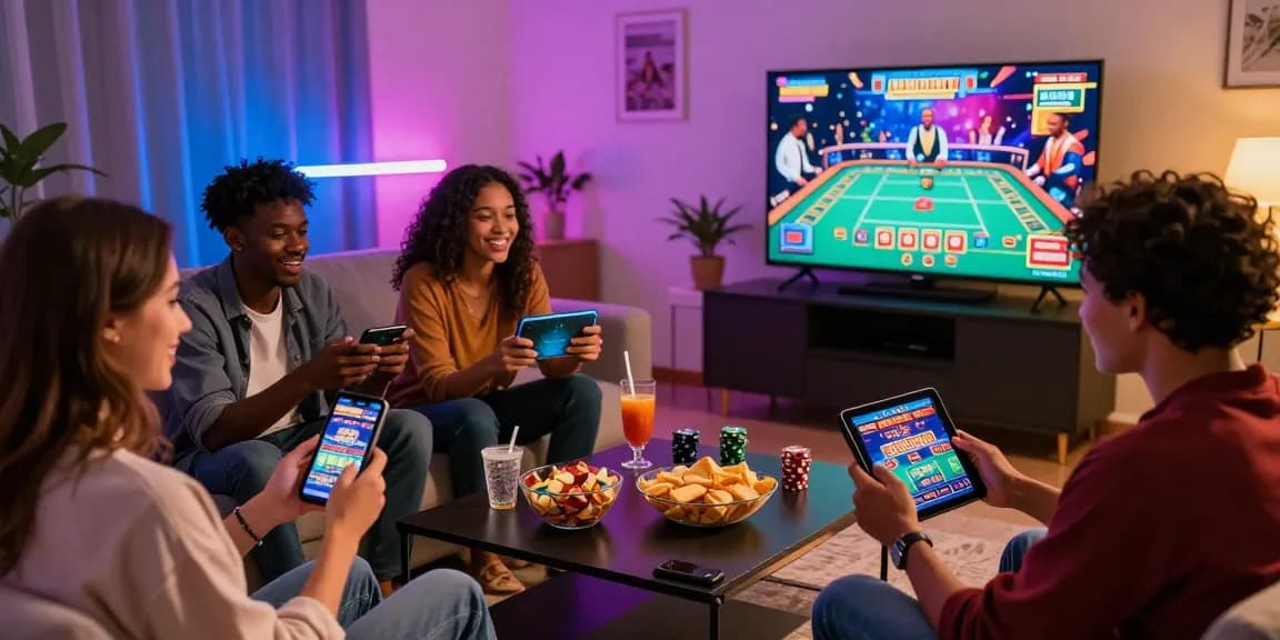 Soirée de casino en ligne avec amis jouant à des jeux sur smartphones, créant une ambiance festive autour de la convivialité des jeux de casino en ligne.