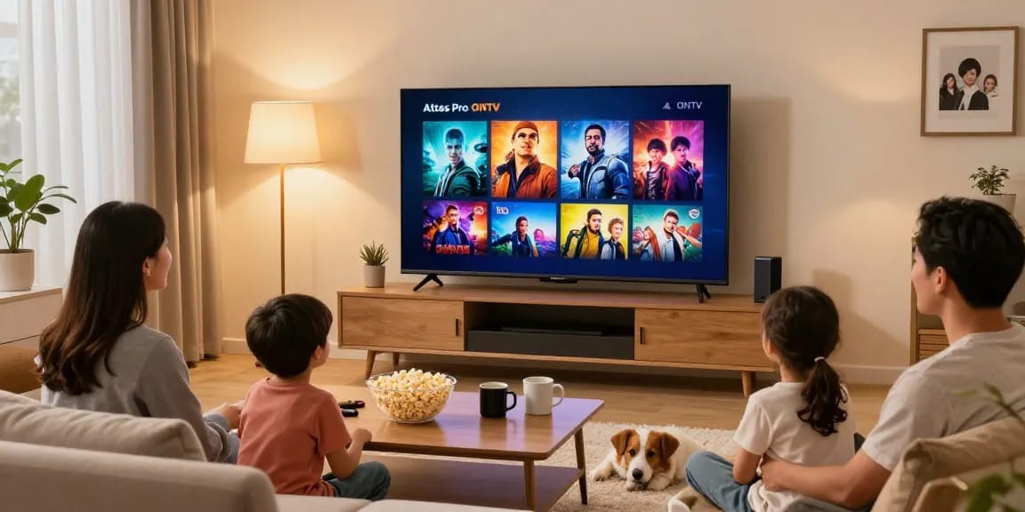Une famille regardant Atlas Pro en qualité HD sur un Smart TV, illustrant des moments de divertissement et de convivialité.