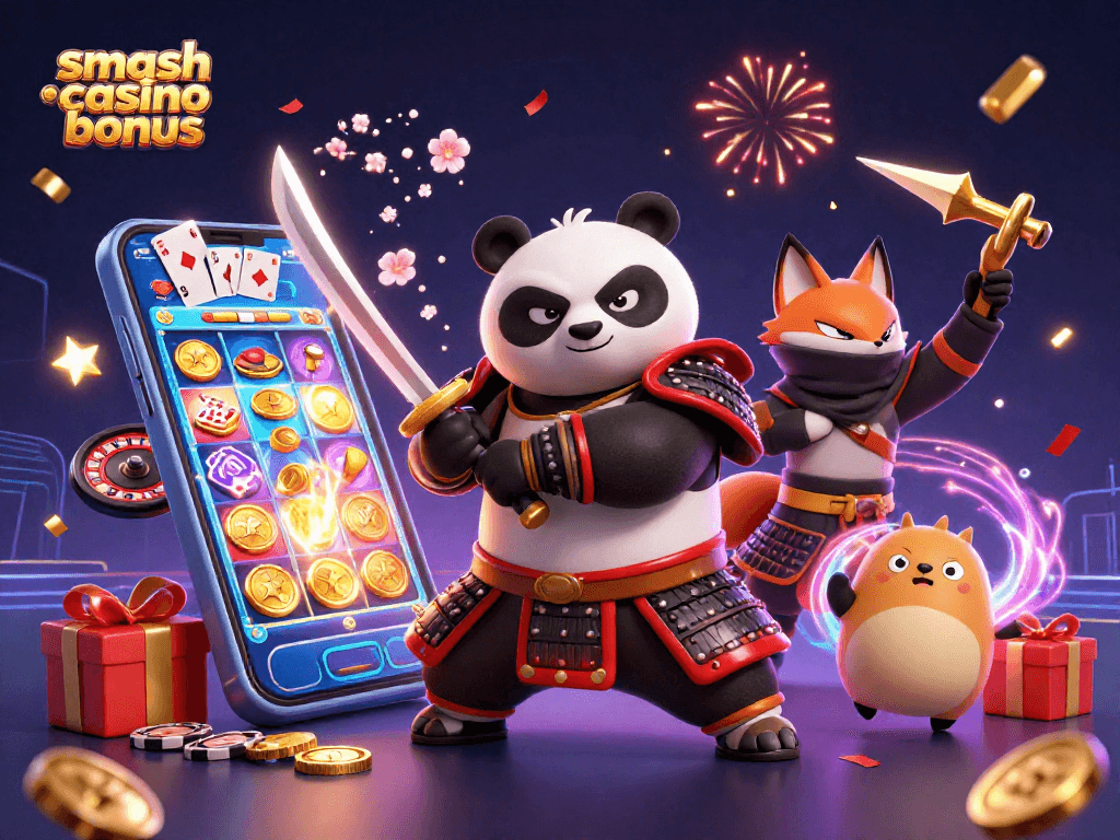 Jouer au smash casino bonus avec un panda samouraï et un renard ninja entourés de jeux d'argent.