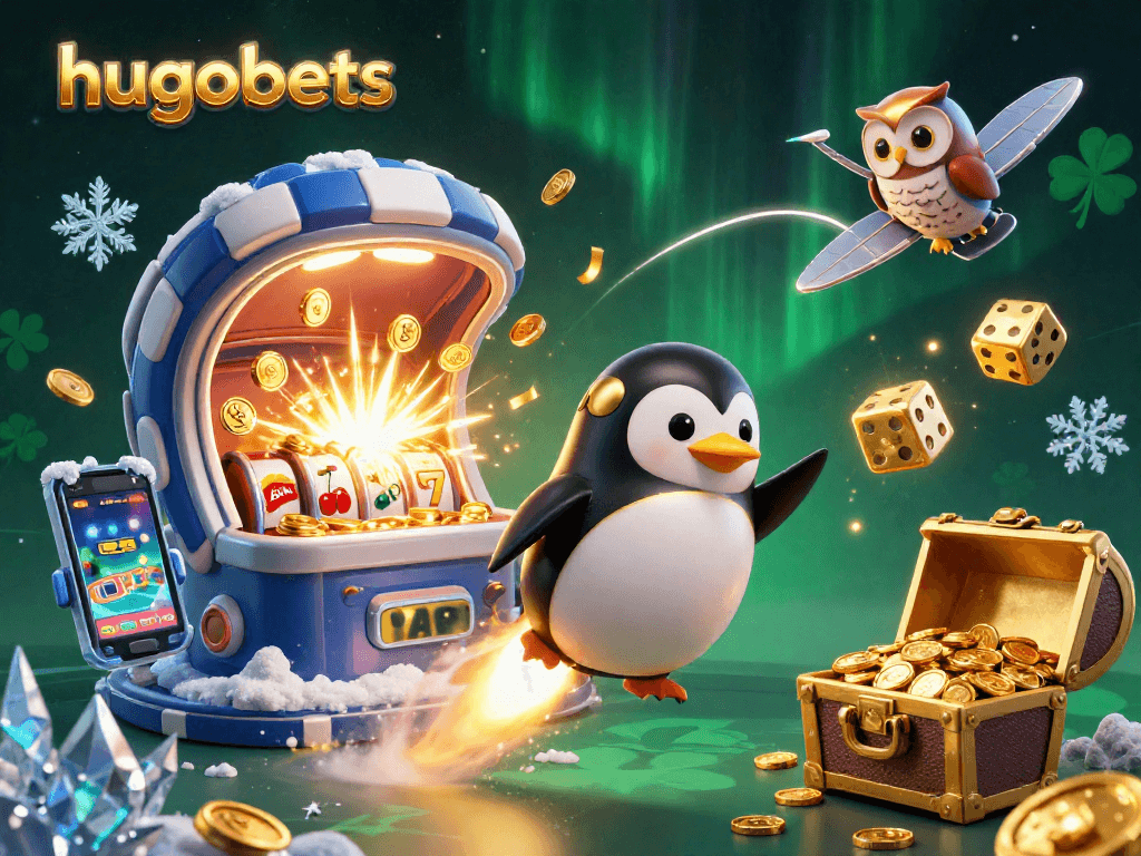 Experience the excitement of hugobets with a golden penguin soaring toward a casino space station amidst a jackpot explosion.