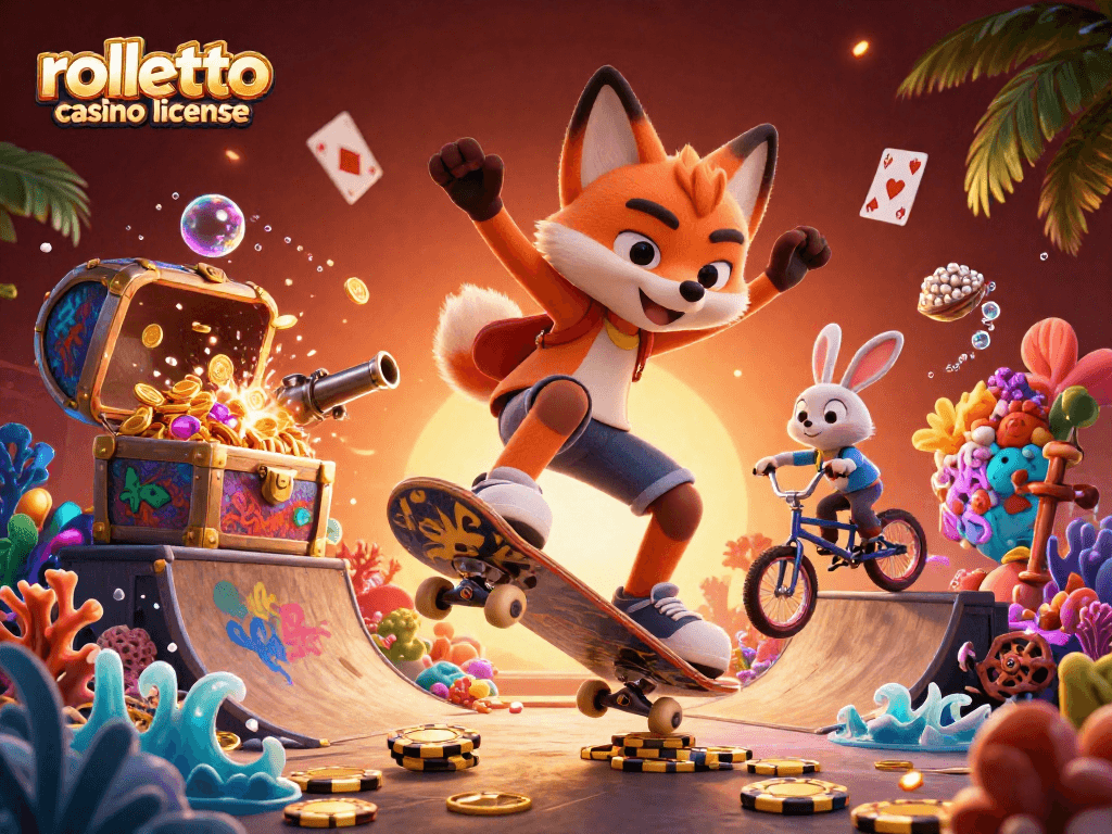 Illustration vibrant et dynamique sur la licence de casino Rolletto, mettant en scène des personnages de style cartoon.