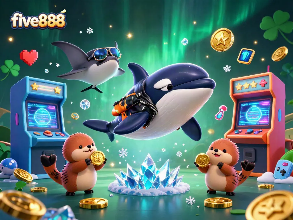 Engaging scene of five888 casino characters featuring a jumping orca, stingray, and otters celebrating with golden coins.