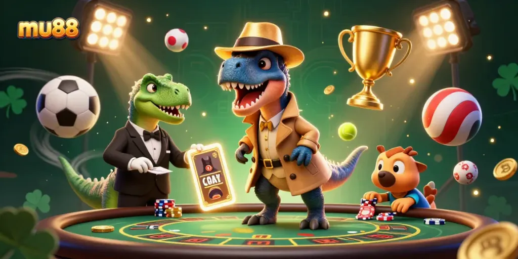 Mu88 velociraptor card counter at a blackjack table, dynamic gambling scene with 3D sports balls and golden elements.