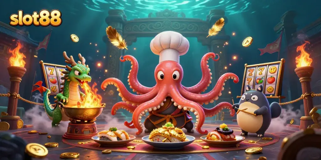 Experience the excitement of slot88 with a vibrant scene featuring a sushi chef octopus, a dragon, and a tanuki amidst dynamic casino elements.