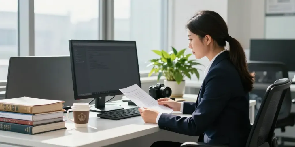 Lawyer reviewing documents about en savoir plus on tenant zones in a modern office.