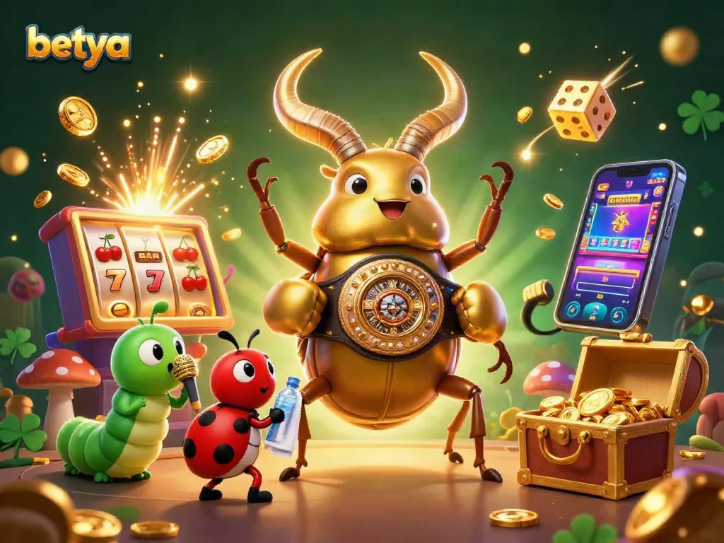 Betya gaming action comes alive in a vibrant 3D illustration highlighting casino excitement with gold coins and jackpots.