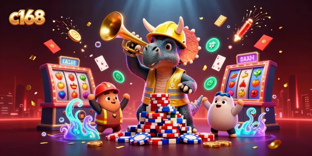 Watch the c168 triceratops build poker chip pyramids in a celebratory casino scene.