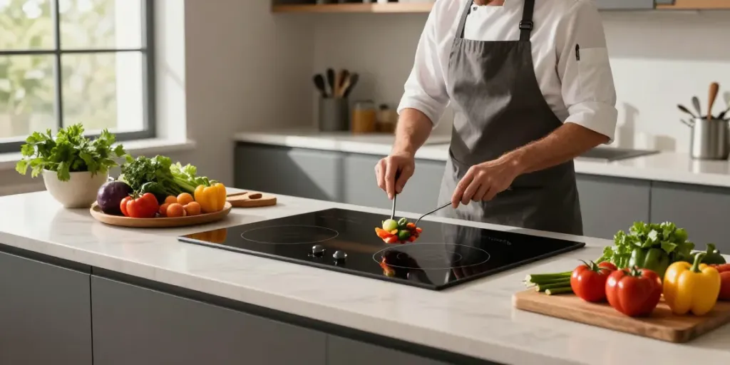 Préparation culinaire dans une cuisine moderne avec une hotte d'îlot central au-dessus d'une plaque de cuisson.