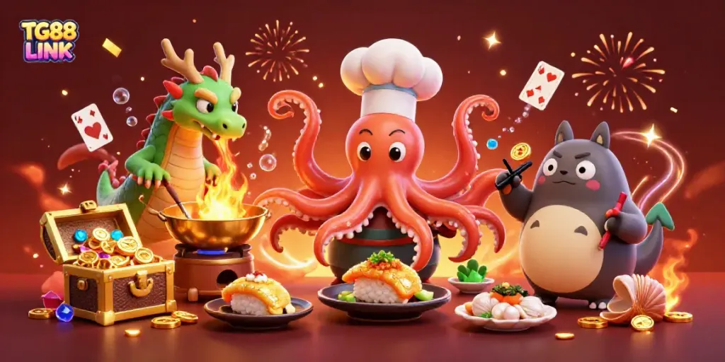 Engage with TG88 LINK as the octopus chef whips up golden dishes in a vibrant casino-themed celebration.