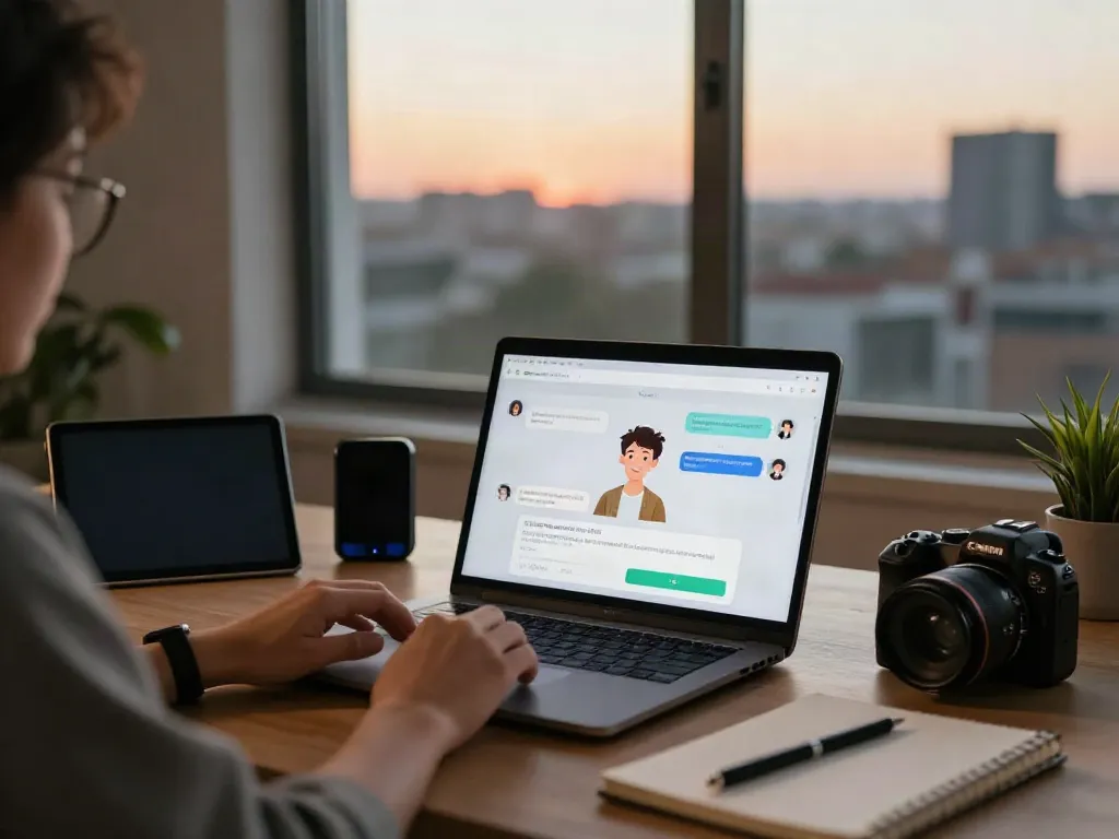 Engaging in free AI slut chat using a laptop in a cozy office.