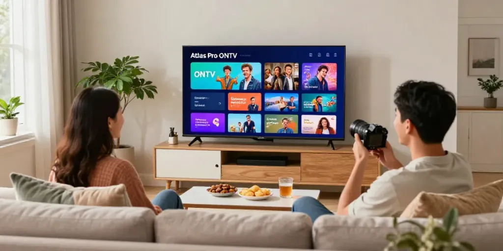 Couple utilisant Atlas Pro ONTV dans un salon cosy avec éclairage naturel.