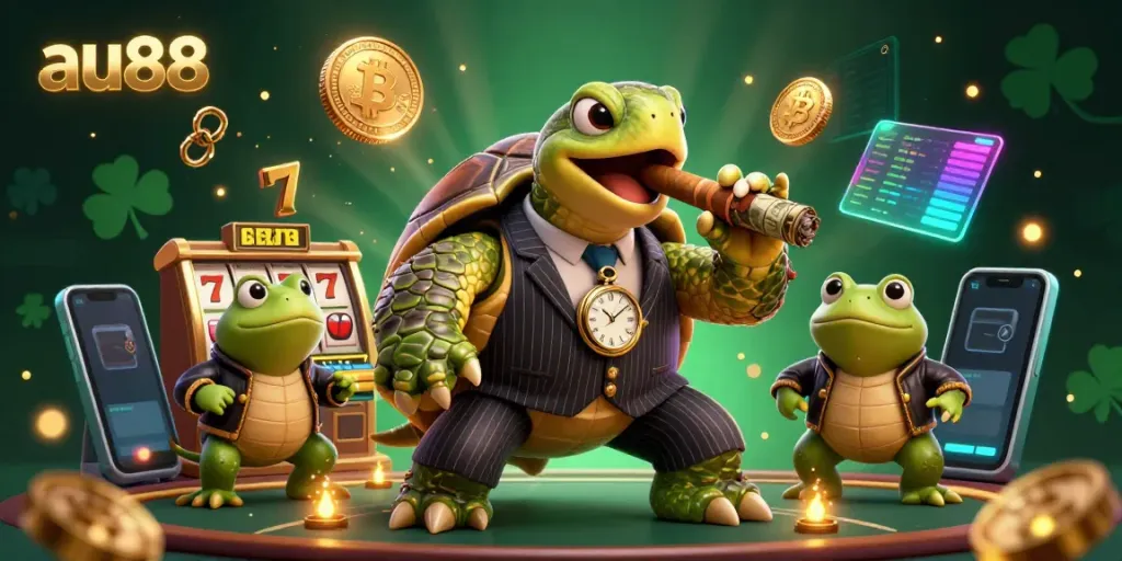 Experience thrilling gaming at au88 with a vibrant casino scene featuring unique, animated characters and gambling elements.