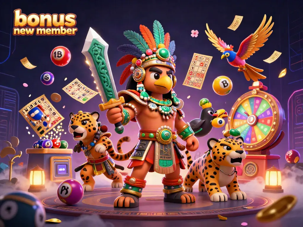 Engage with the bonus new member promotion featuring vibrant 3D characters and dynamic gaming elements in an immersive casino scene.