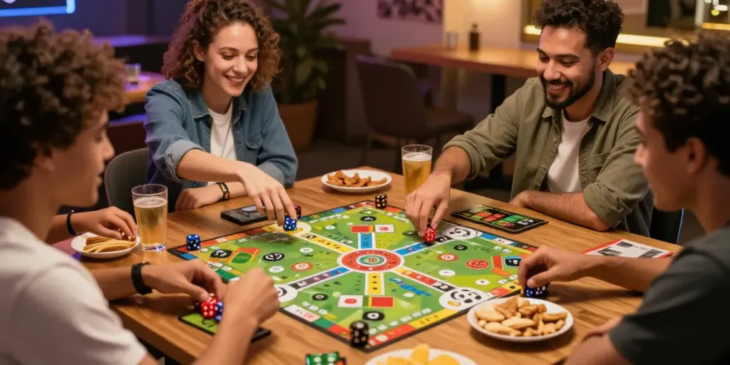 Jeu de dés passionnant entre amis avec des jetons colorés sur une table animée.