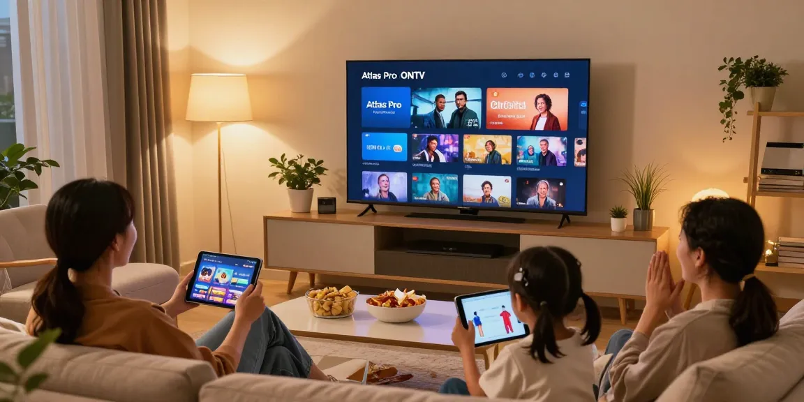 Famille profitant d'Atlas Pro sur leur téléviseur intelligent en soirée