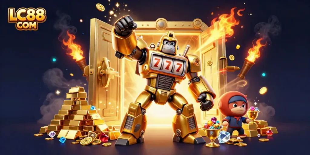 Experience thrilling gaming with LC88 COM as a golden gorilla mech bursts coins in a vibrant casino scene.