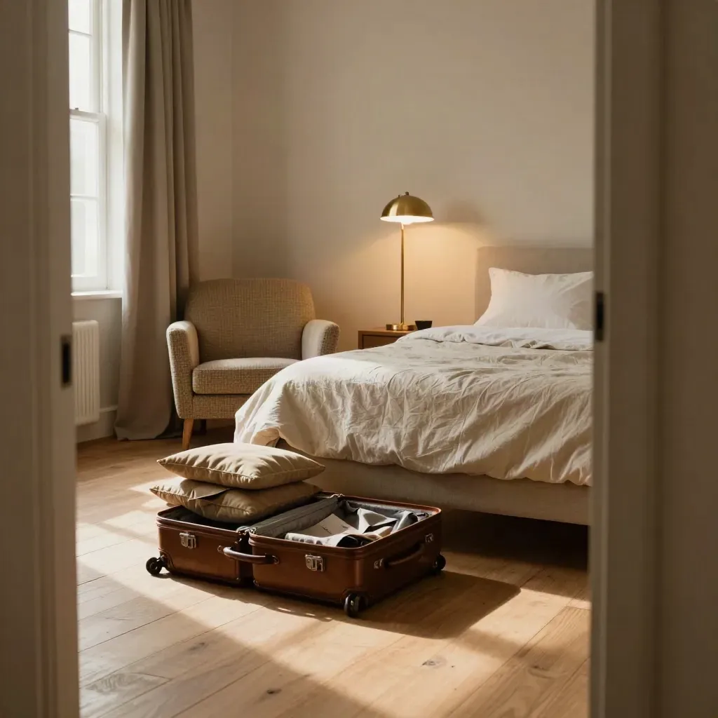 Studio meublé prêt à louer, lit fait, fauteuil discret et valise ouverte sous une lumière chaude.