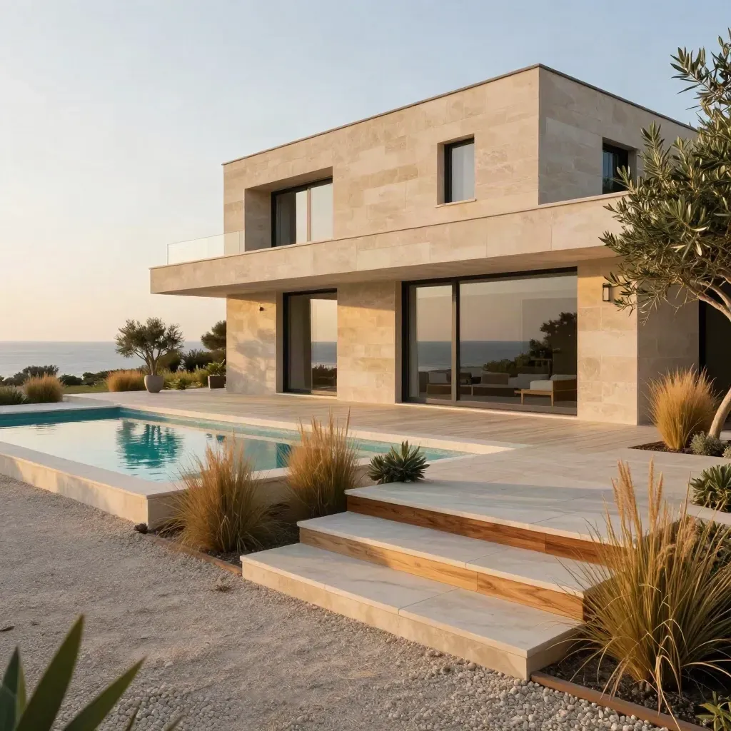 Villa contemporaine avec jardin sec et piscine turquoise, vue basse depuis une allée de gravier.