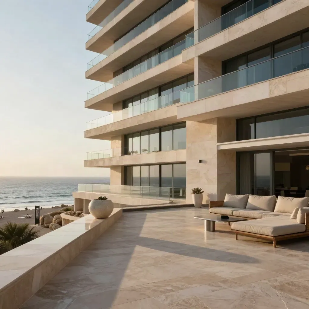 Façade premium de Tel-Aviv au bord de mer, terrasse en pierre et lumière rasante.