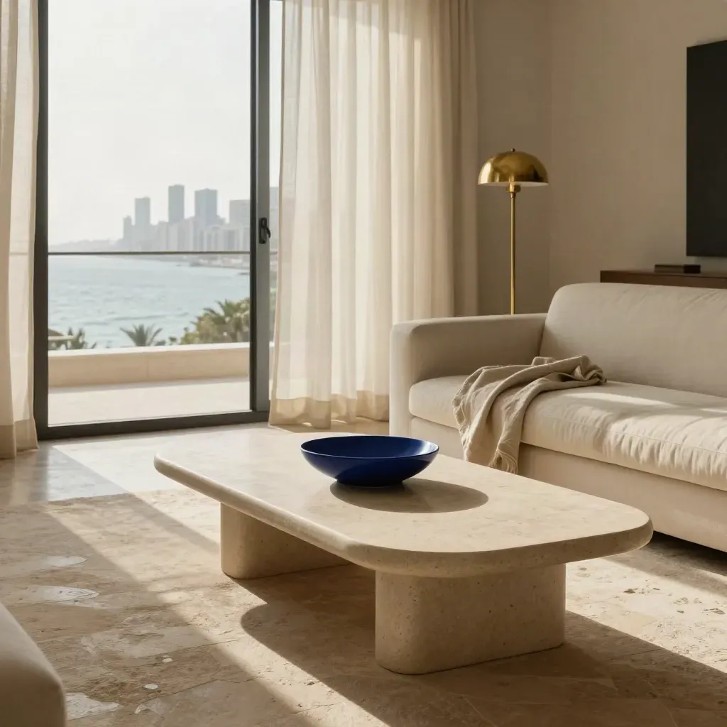 Salon lumineux d’appartement à vendre, baie vitrée sur la ville, table basse et rideaux en lin.