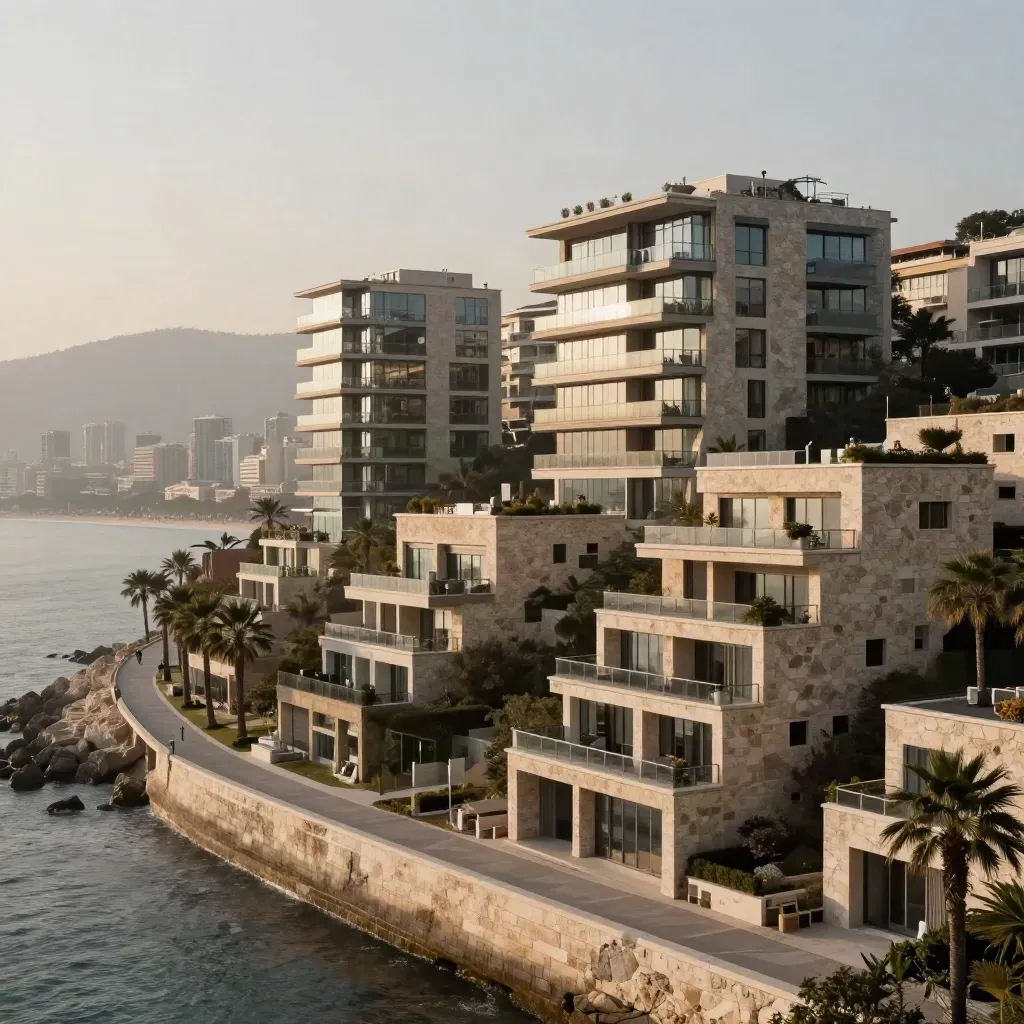 Ensemble résidentiel premium en bord de mer, vue dominante sur la ville lumineuse.