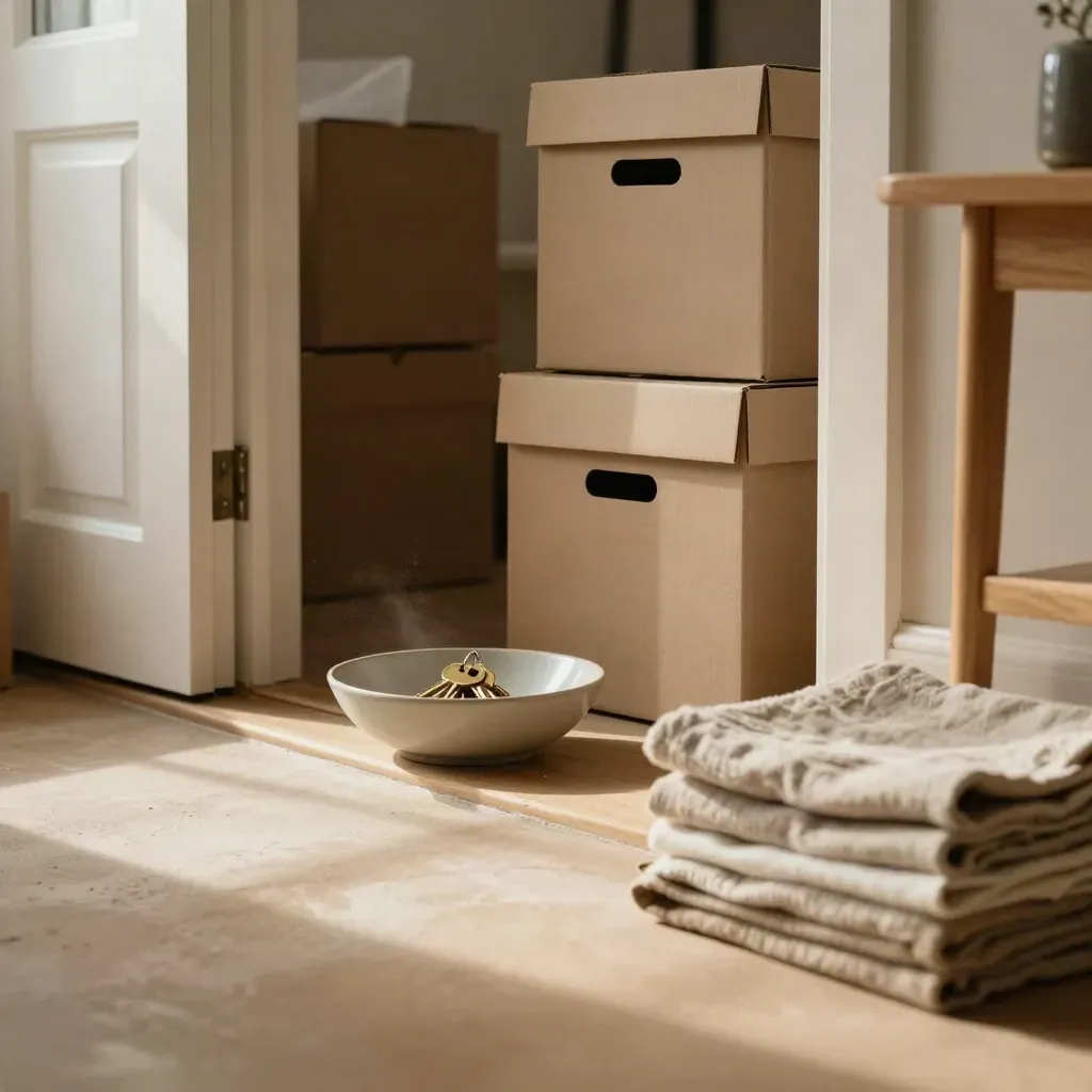 Entrée d’appartement prête au départ, clés, cartons neutres et linge plié dans une lumière chaude.