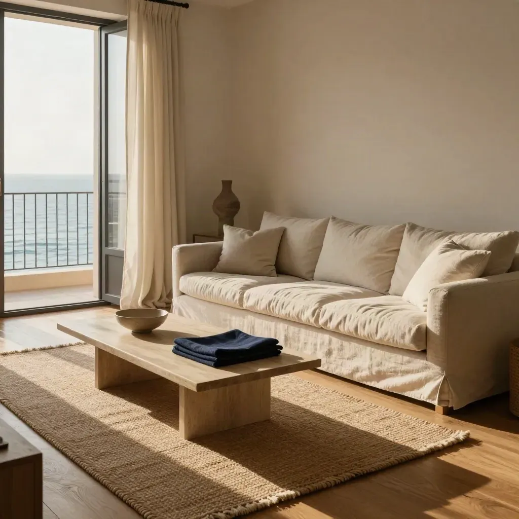 Salon lumineux à Tel-Aviv avec vue mer, canapé clair et accents bleu marine.