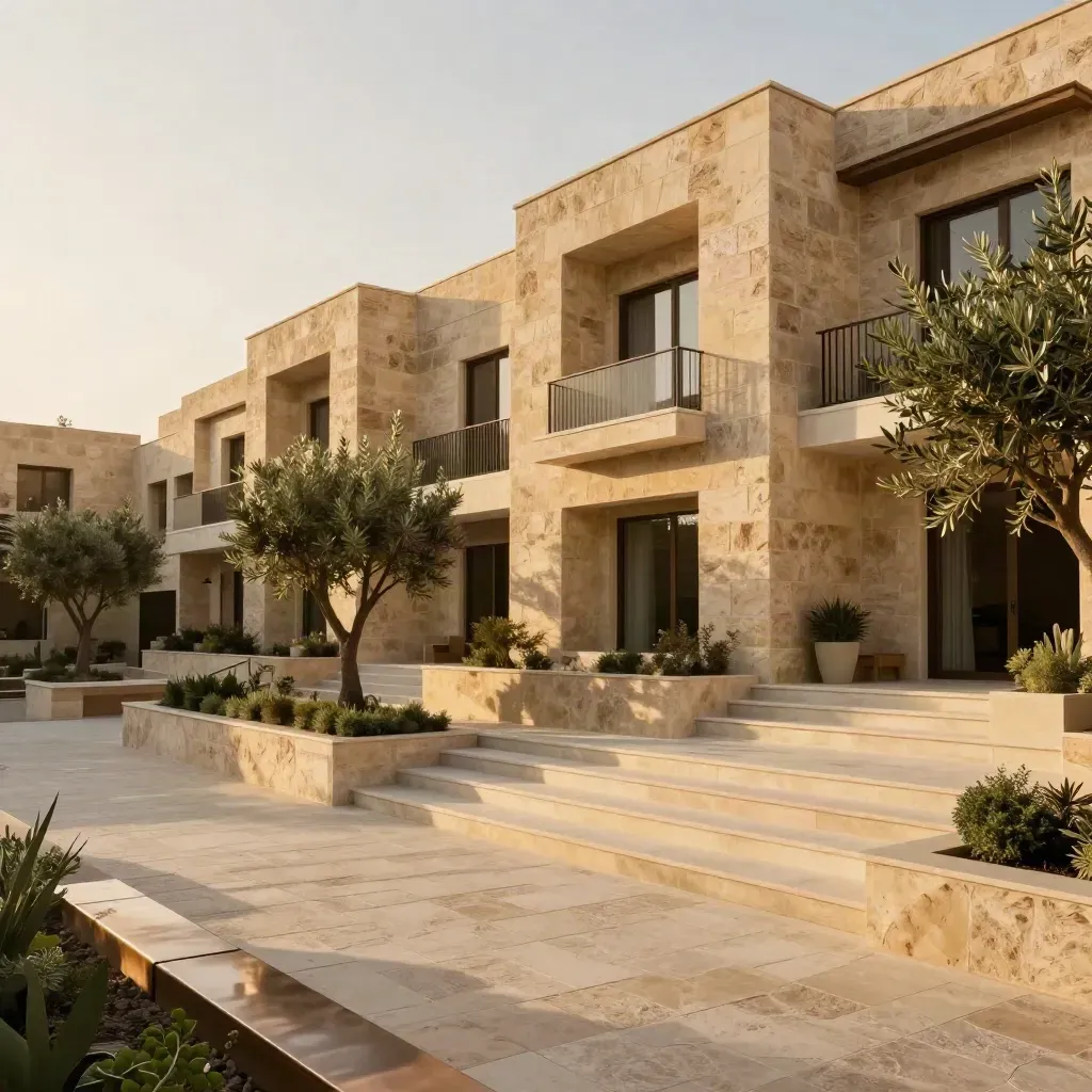 Programme neuf en pierre chaude à Jérusalem, patio planté et terrasses sous une lumière dorée.