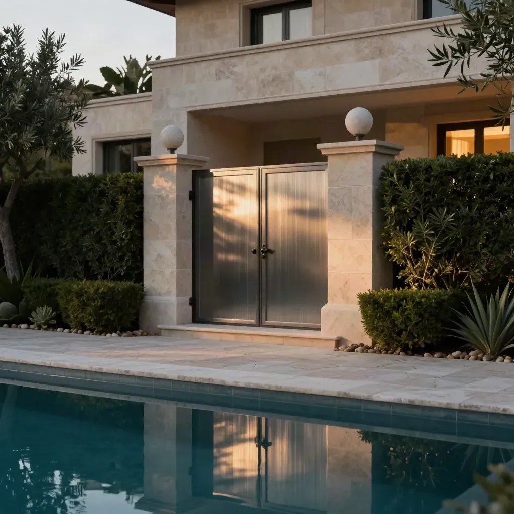 Villa luxueuse à Herzliya au crépuscule, portail fermé, piscine calme et jardin taillé.