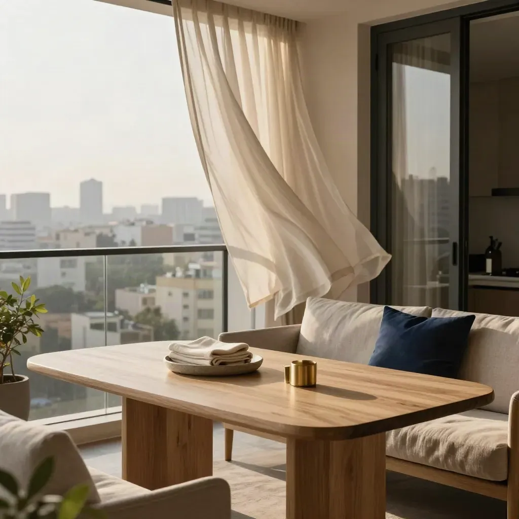 Appartement meublé prêt à louer, vue depuis le balcon avec rideaux en mouvement.