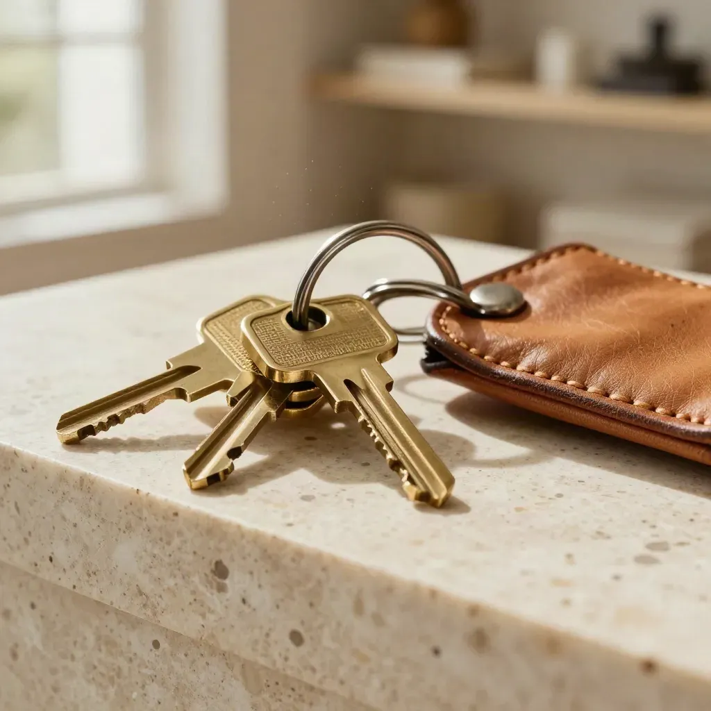 Clés d’achat touchant une pierre de façade veiné et un cuir patiné, lumière chaude.