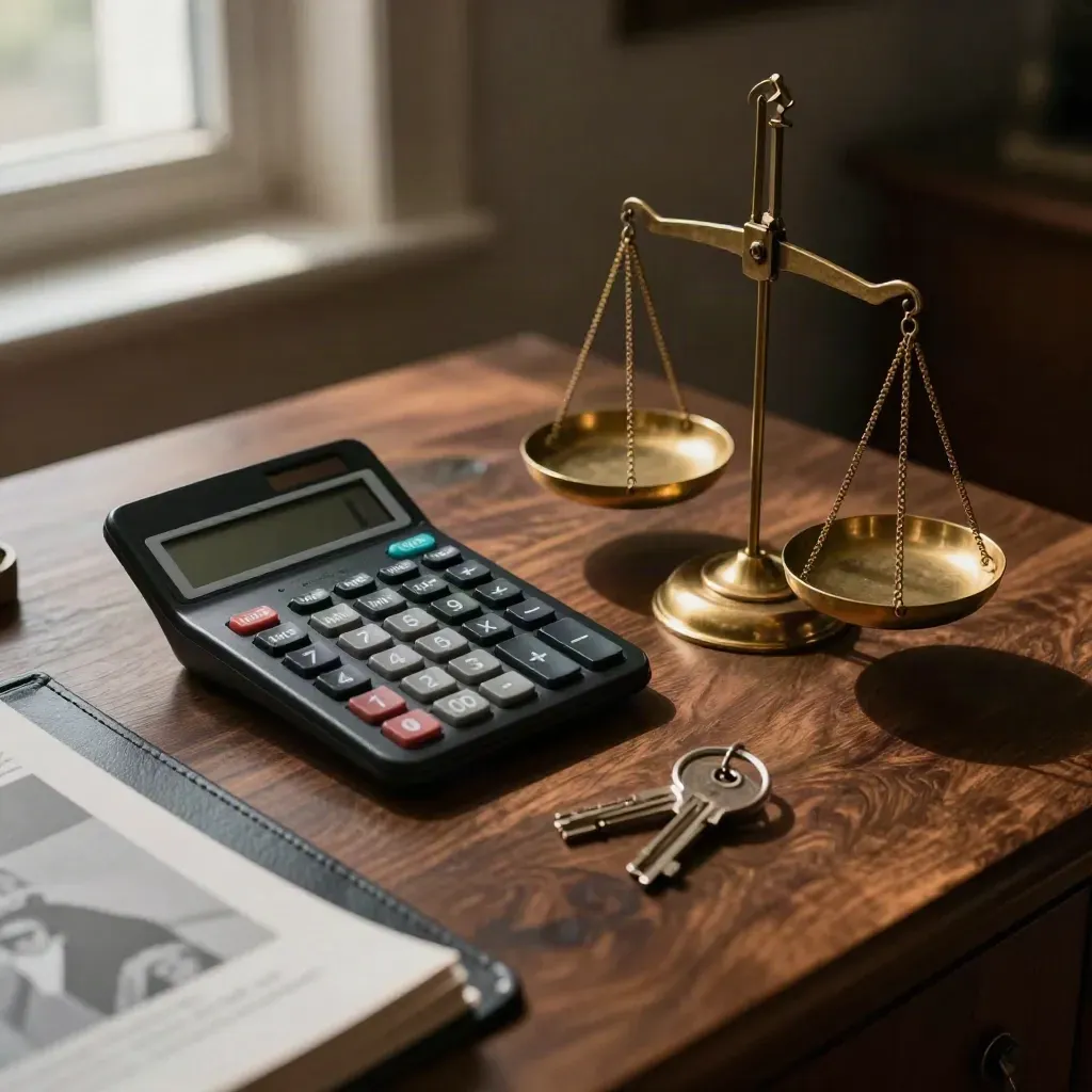 Calculatrice noire, balance en laiton, bloc de pierre et anneau de clé sur bureau en bois sombre.