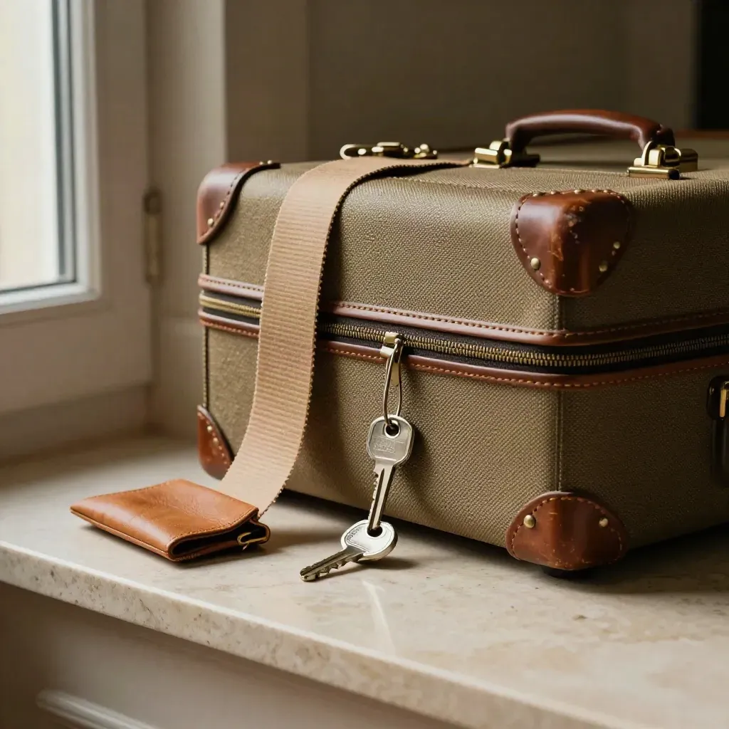 Valise textile, clé d’appartement et pochette de cuir pour relocation sur seuil en pierre.
