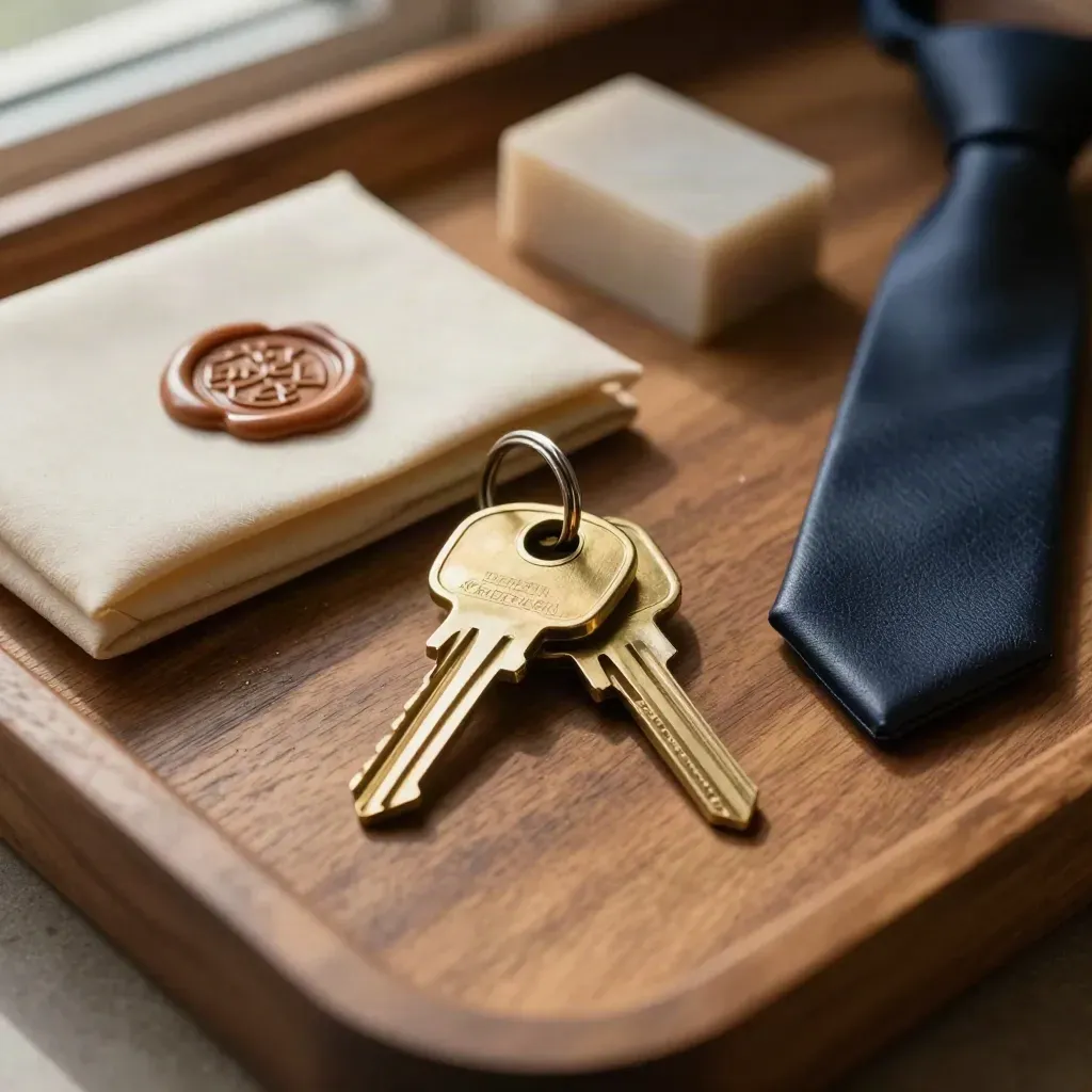 Clés en laiton, sceau de cire et pochette fermée sur plateau en bois, lumière douce.