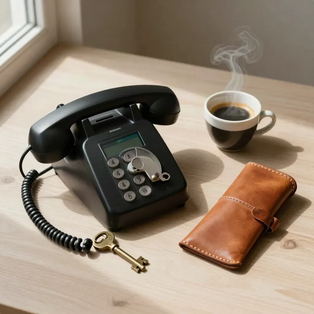 Clé d’appartement, téléphone éteint, espresso et étui en cuir sur bois clair.