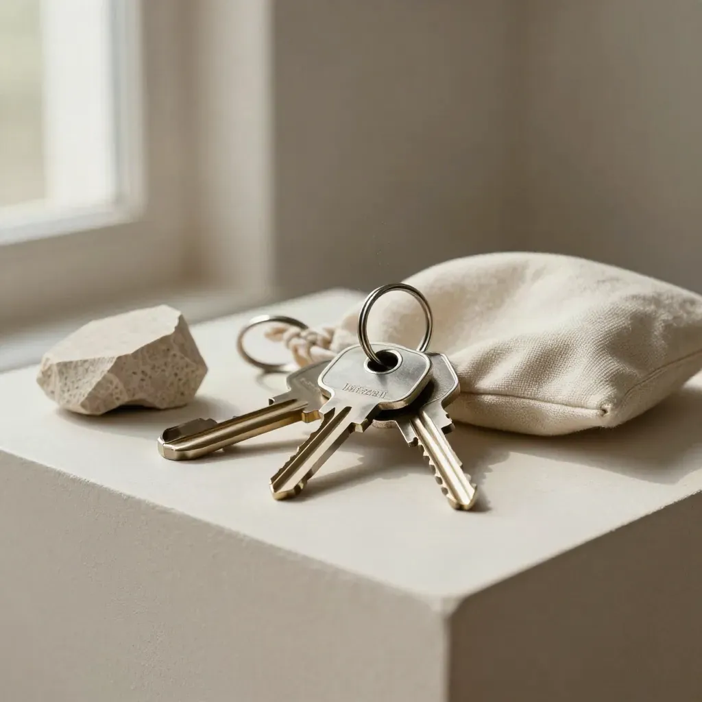 Trois clés, une pierre d’architecture, un anneau métallique et une pochette sur un socle clair.