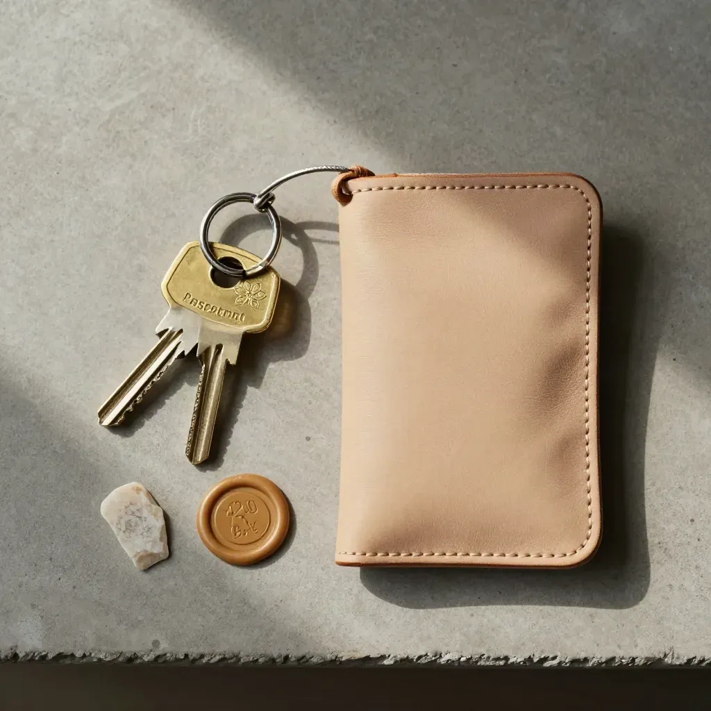 Vue de dessus d’un trousseau de clés, d’un sceau de cire, d’une pochette fermée et d’une pierre claire.