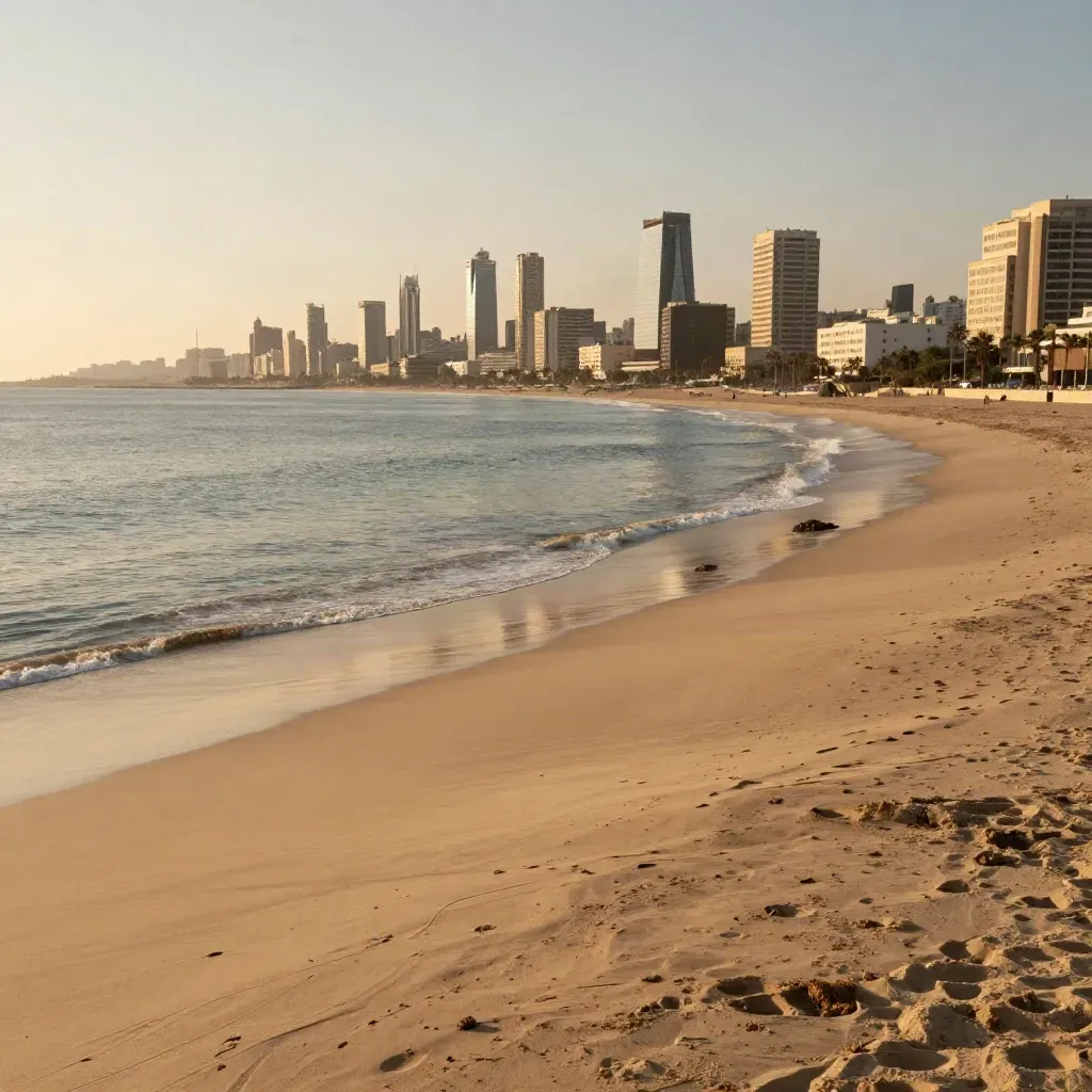 Vue dorée de Tel-Aviv au bord de mer, plage calme, brume chaude et tours de verre.