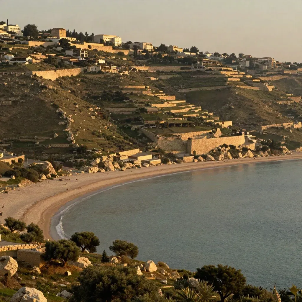 Vue douce de la côte nord israélienne, colline verte, baie brumeuse et terrasses urbaines lointaines.