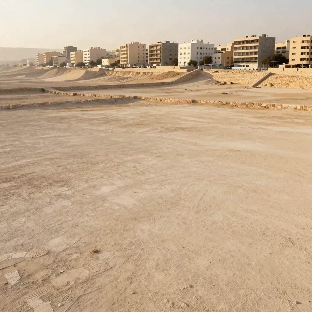 Plaine sableuse du sud avec lisière urbaine basse et horizon désertique brumeux.