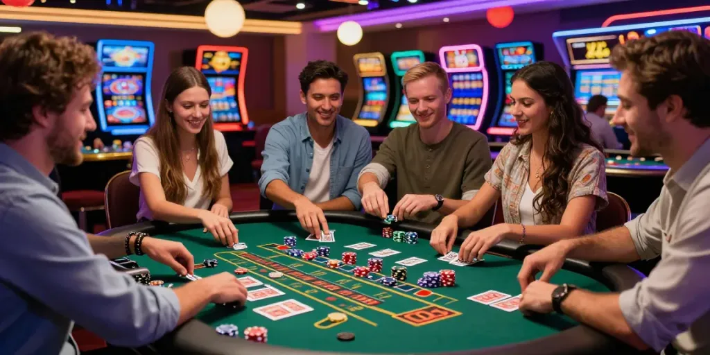 Scène de jeux de casino en ligne avec des amis jouant à la roulette et au blackjack, ambiance animée.