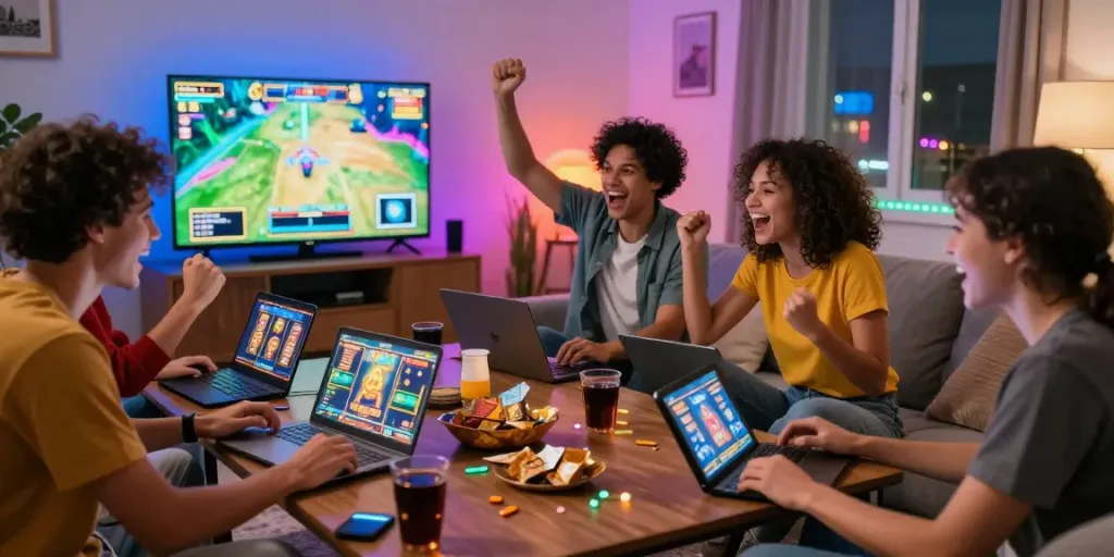 Grup teman bermain slot88 dengan semangat di ruang tamu yang ceria.