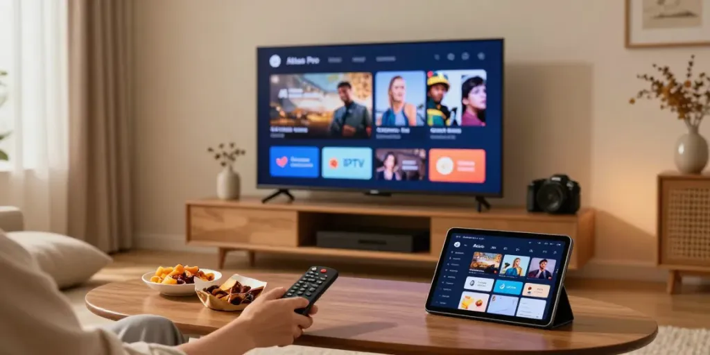 Utilisation de l'application atlas pro iptv sur un TV intelligent dans un salon confortable.