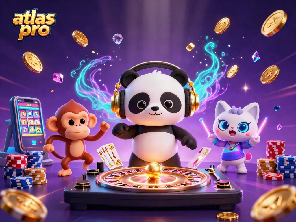 Atlas Pro : illustration de jeu avec un panda DJ et un singe dansant, entouré de jetons et de pièces d'or.
