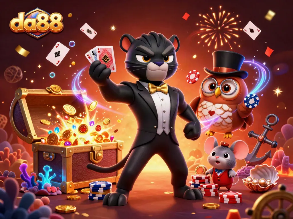 Engage in the thrilling world of da88 with an elegant panther and fun characters in a rich casino scene.
